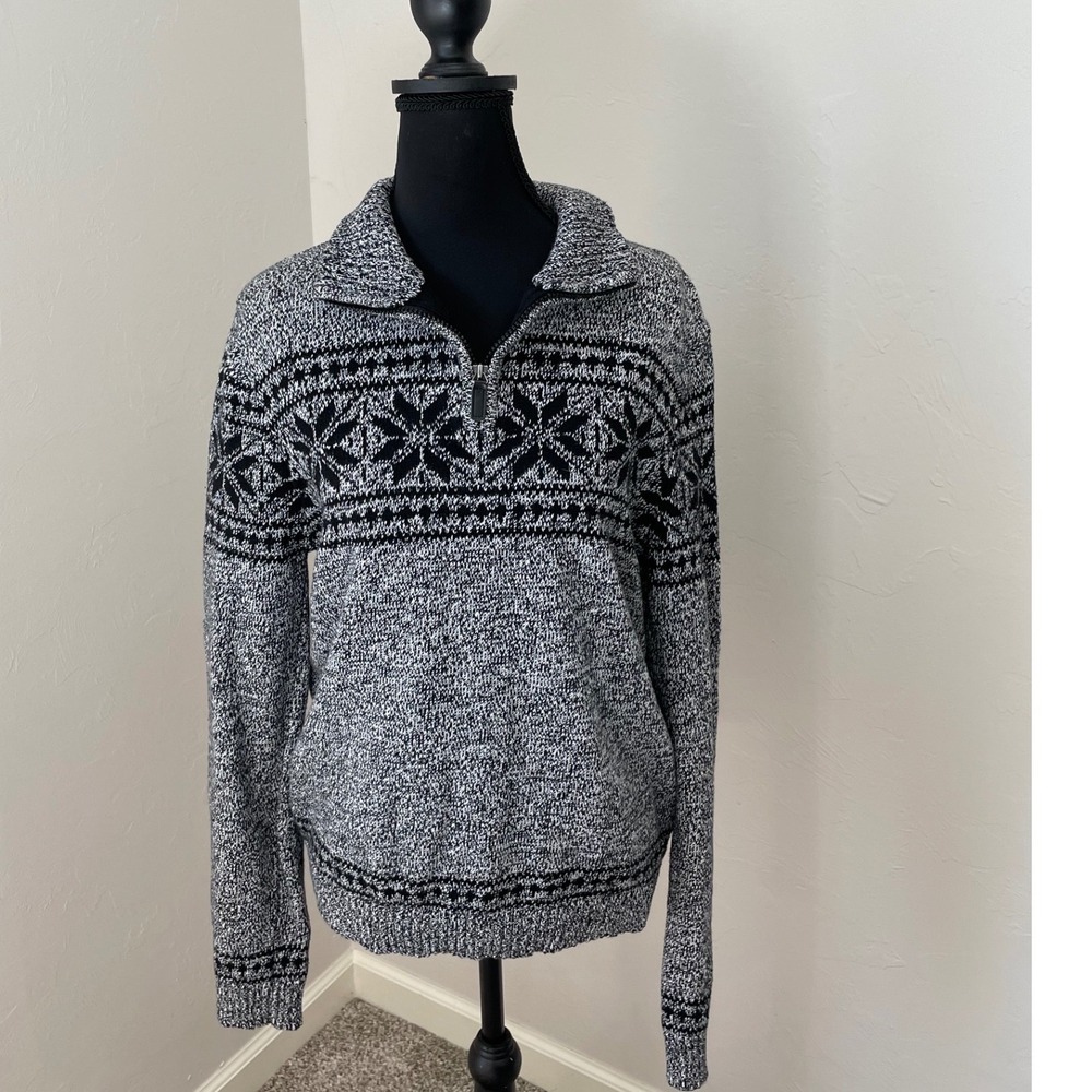 Chaps Boys XL 18/20 Black White Fair Isle Nordic Quarter Zip Cotton Sweater